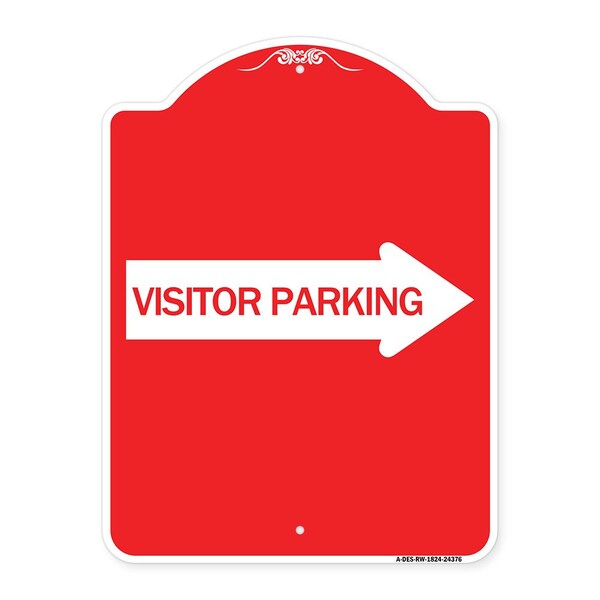 Visitor Parking With Right Arrow, Red & White Aluminum Architectural Sign, 18" x 24", RW-1824-24376